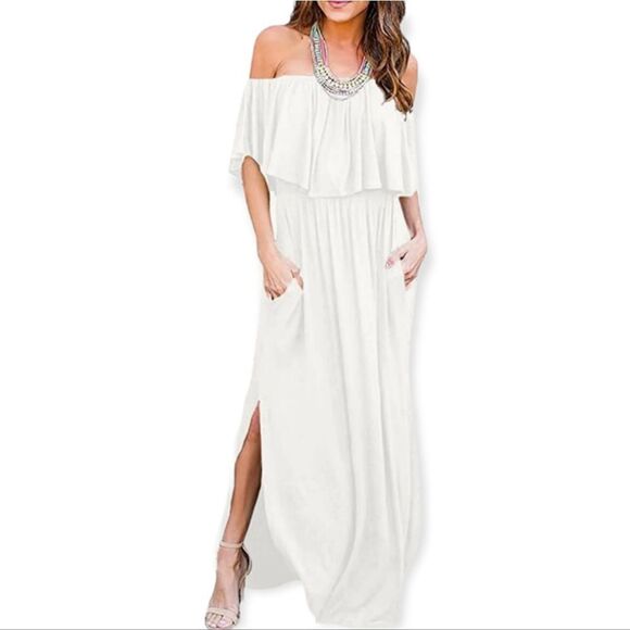 LILBETTER Womens Off The Shoulder Ruffle Party Dresses Side Split Beach Maxi Dre - Picture 1 of 7